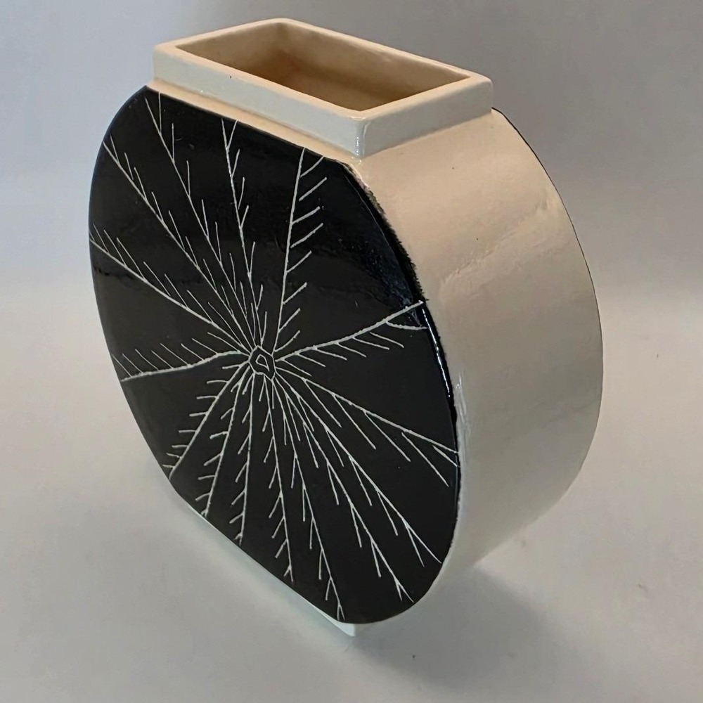 Signed MJB Studio Pottery Ceramic Moon Vase Black Starburst 6" MCM Sgraffito